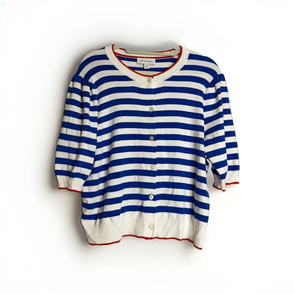 Free Assembly Womens L Blue White Red Striped Knit Cardigan Button Crew Neck